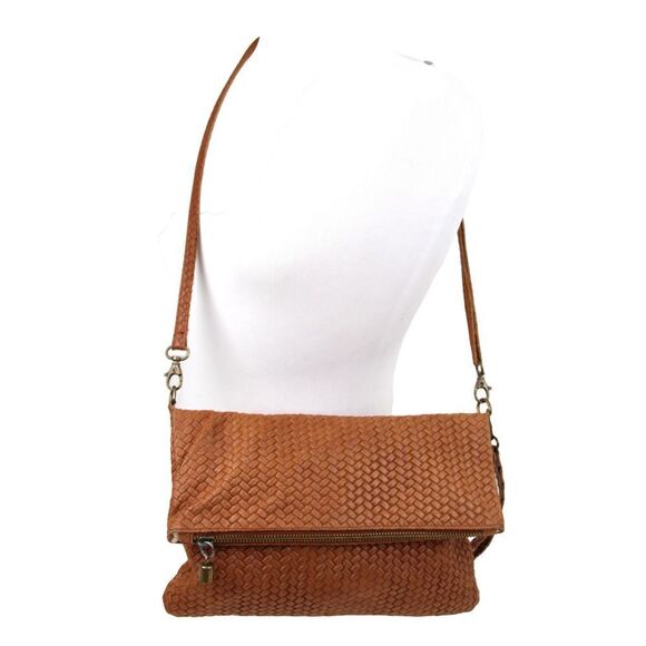 MADE IN ITALY TOOLED TAN BROWN GENUINE LEATHER X-BODY CLUTCH SHOULDER BAG PURSE - Picture 1 of 16